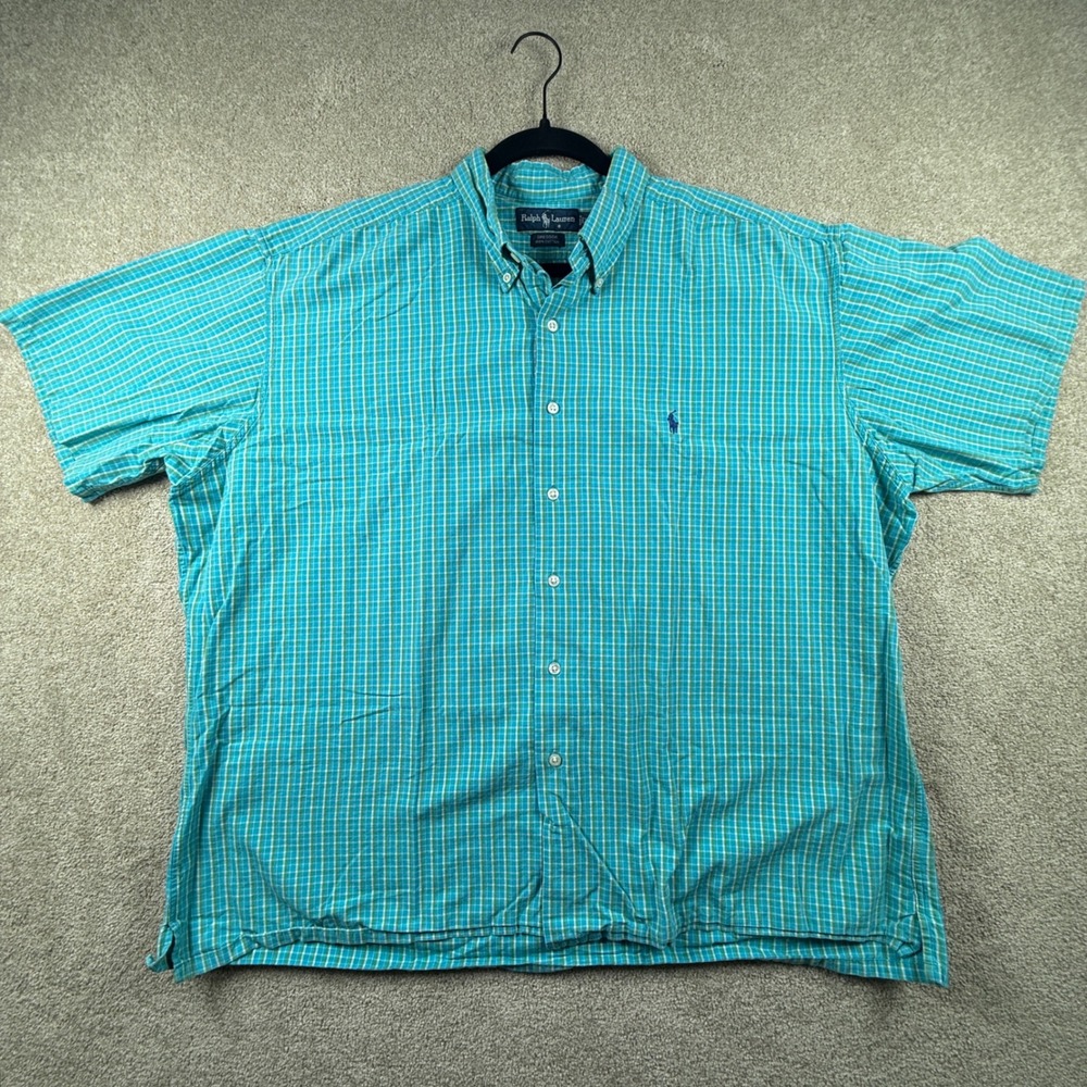 Ralph Lauren Greggor Shirt Mens XXL Turquoise Green Plaid Short Sleeve Cotton